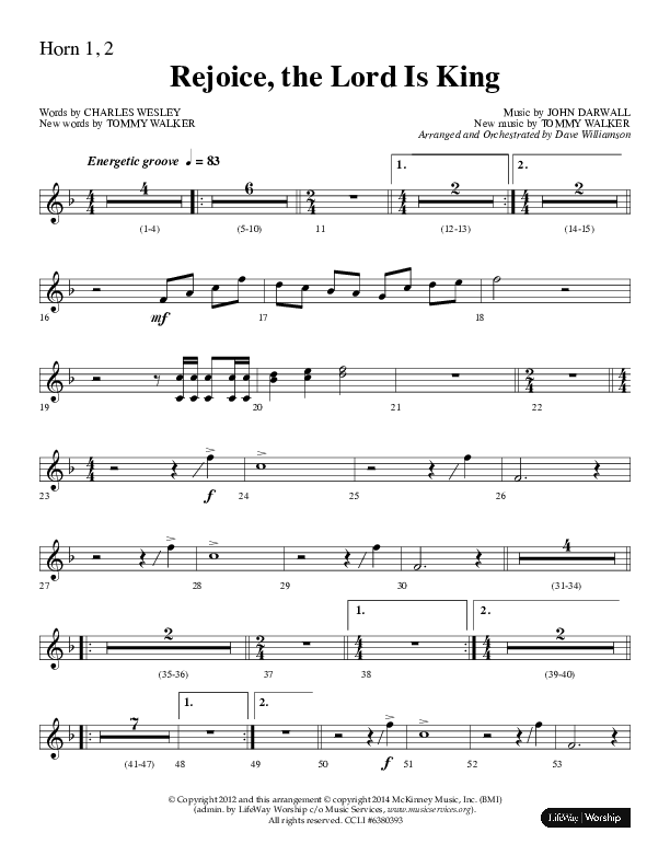 Rejoice The Lord Is King (Choral Anthem SATB) French Horn 1/2 (Lifeway Choral / Arr. Dave Williamson)