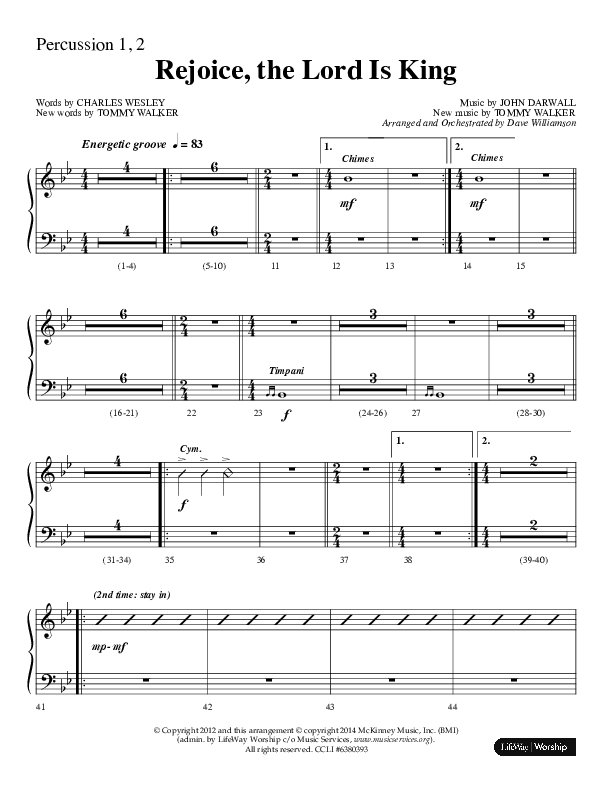 Rejoice The Lord Is King (Choral Anthem SATB) Percussion 1/2 (Lifeway Choral / Arr. Dave Williamson)
