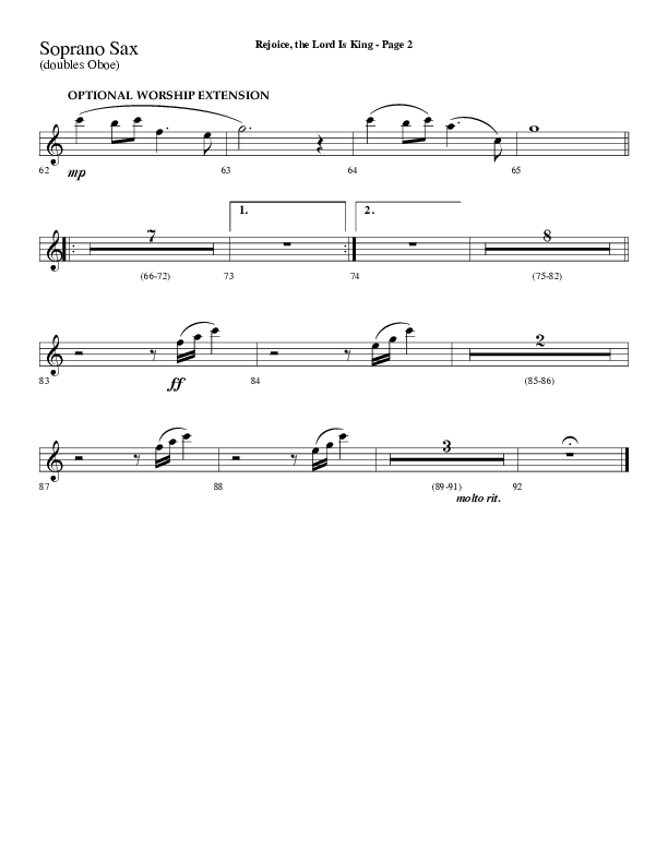 Rejoice The Lord Is King (Choral Anthem SATB) Soprano Sax (Lifeway Choral / Arr. Dave Williamson)