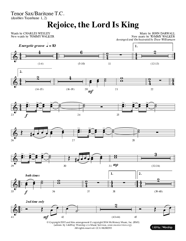 Rejoice The Lord Is King (Choral Anthem SATB) Tenor Sax/Baritone T.C. (Lifeway Choral / Arr. Dave Williamson)