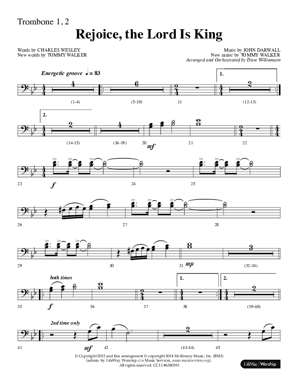 Rejoice The Lord Is King (Choral Anthem SATB) Trombone 1/2 (Lifeway Choral / Arr. Dave Williamson)