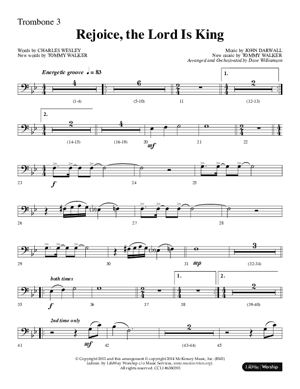 Rejoice The Lord Is King (Choral Anthem SATB) Trombone 3 (Lifeway Choral / Arr. Dave Williamson)