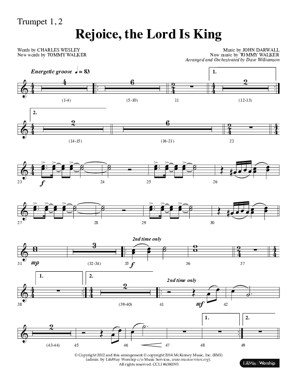 Rejoice The Lord Is King (Choral Anthem SATB) Trumpet 1,2 (Lifeway Choral / Arr. Dave Williamson)