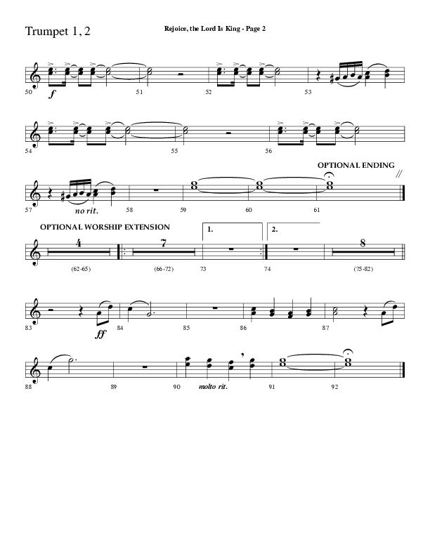 Rejoice The Lord Is King (Choral Anthem SATB) Trumpet 1,2 (Lifeway Choral / Arr. Dave Williamson)