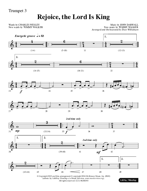 Rejoice The Lord Is King (Choral Anthem SATB) Trumpet 3 (Lifeway Choral / Arr. Dave Williamson)