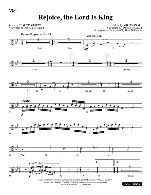 Rejoice The Lord Is King (Choral Anthem SATB) Viola (Lifeway Choral / Arr. Dave Williamson)