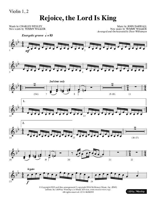 Rejoice The Lord Is King (Choral Anthem SATB) Violin 1/2 (Lifeway Choral / Arr. Dave Williamson)