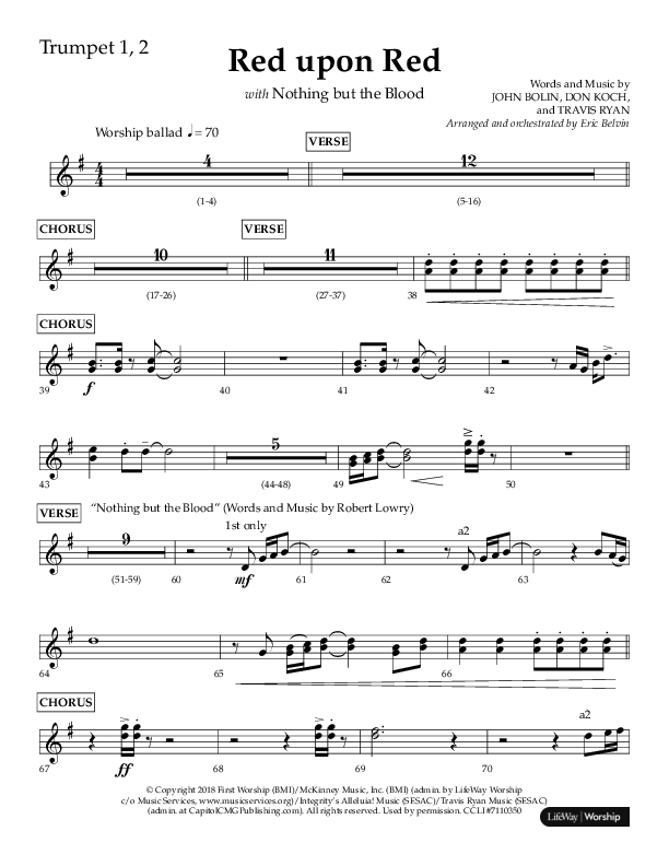 Red Upon Red (Choral Anthem SATB) Trumpet 1,2 (Lifeway Choral / Arr. Eric Belvin)