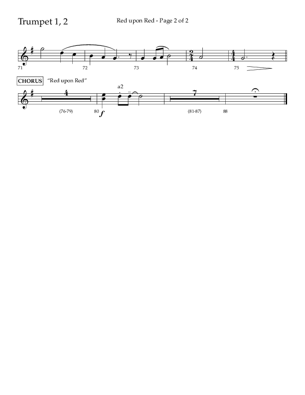 Red Upon Red (Choral Anthem SATB) Trumpet 1,2 (Lifeway Choral / Arr. Eric Belvin)