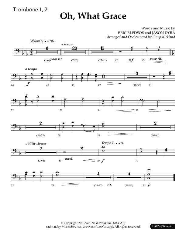 Oh What Grace (Choral Anthem SATB) Trombone 1/2 (Lifeway Choral / Arr. Camp Kirkland)