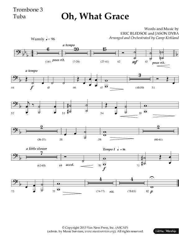Oh What Grace (Choral Anthem SATB) Trombone 3/Tuba (Lifeway Choral / Arr. Camp Kirkland)