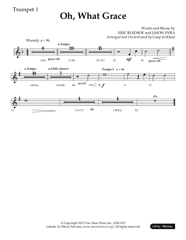 Oh What Grace (Choral Anthem SATB) Trumpet 1 (Lifeway Choral / Arr. Camp Kirkland)