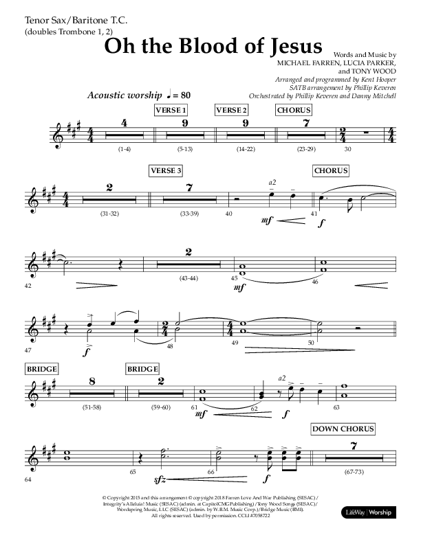 Oh The Blood Of Jesus (Choral Anthem SATB) Tenor Sax/Baritone T.C. (Lifeway Choral / Arr. Kent Hooper / Arr. Phillip Keveren)
