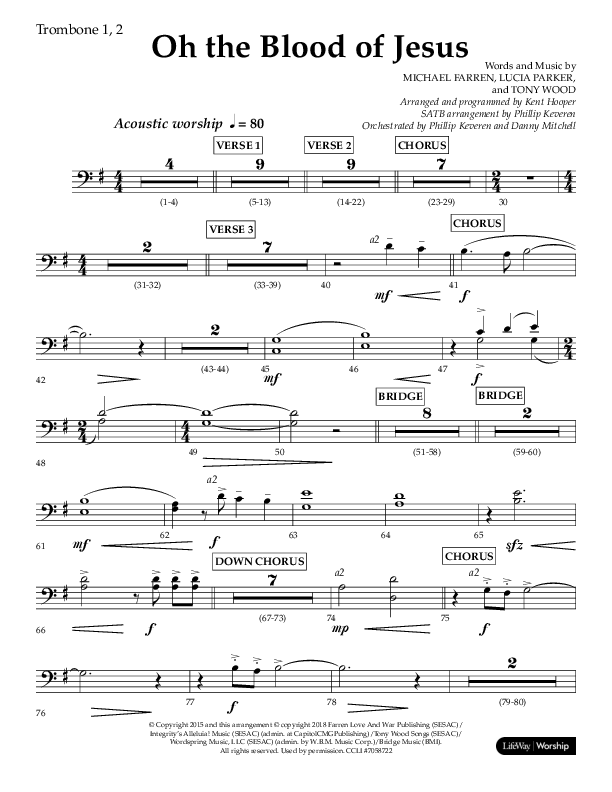 Oh The Blood Of Jesus (Choral Anthem SATB) Trombone 1/2 (Lifeway Choral / Arr. Kent Hooper / Arr. Phillip Keveren)