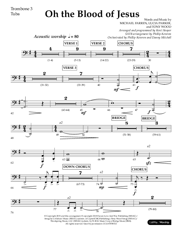 Oh The Blood Of Jesus (Choral Anthem SATB) Trombone 3/Tuba (Lifeway Choral / Arr. Kent Hooper / Arr. Phillip Keveren)