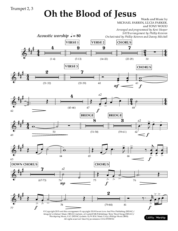 Oh The Blood Of Jesus (Choral Anthem SATB) Trumpet 2/3 (Lifeway Choral / Arr. Kent Hooper / Arr. Philip Keveren)