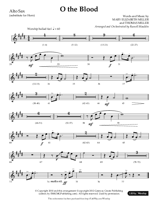 O The Blood (Choral Anthem SATB) Alto Sax (Lifeway Choral / Arr. Russell Mauldin)