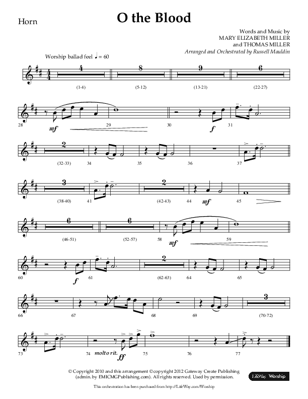 O The Blood (Choral Anthem SATB) French Horn (Lifeway Choral / Arr. Russell Mauldin)