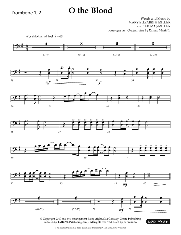 O The Blood (Choral Anthem SATB) Trombone 1/2 (Lifeway Choral / Arr. Russell Mauldin)
