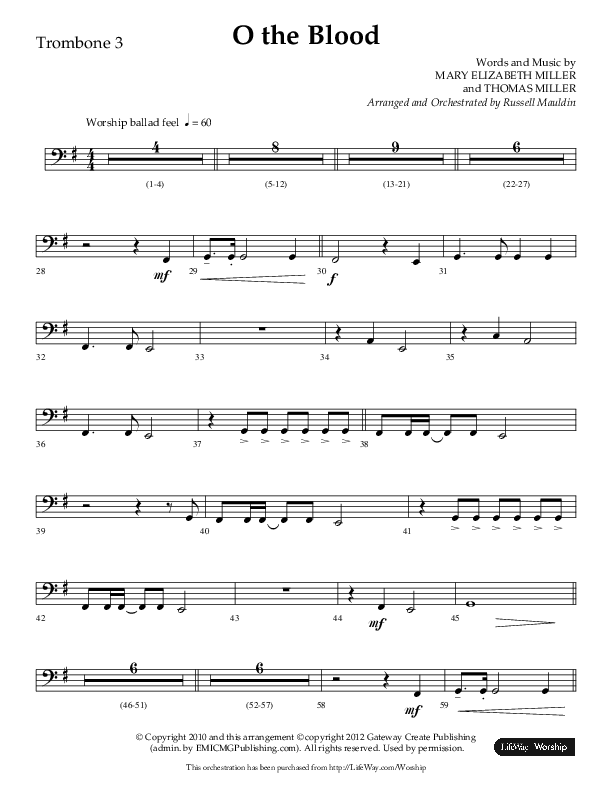 O The Blood (Choral Anthem SATB) Trombone 3 (Lifeway Choral / Arr. Russell Mauldin)