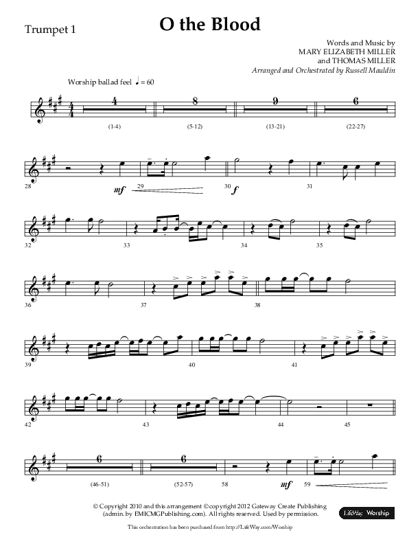 O The Blood (Choral Anthem SATB) Trumpet 1 (Lifeway Choral / Arr. Russell Mauldin)