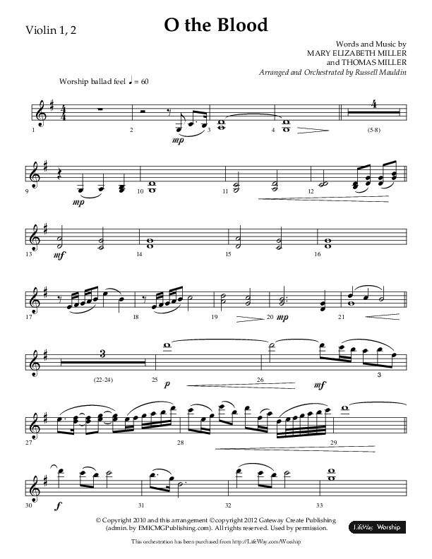 O The Blood (Choral Anthem SATB) Violin 1/2 (Lifeway Choral / Arr. Russell Mauldin)