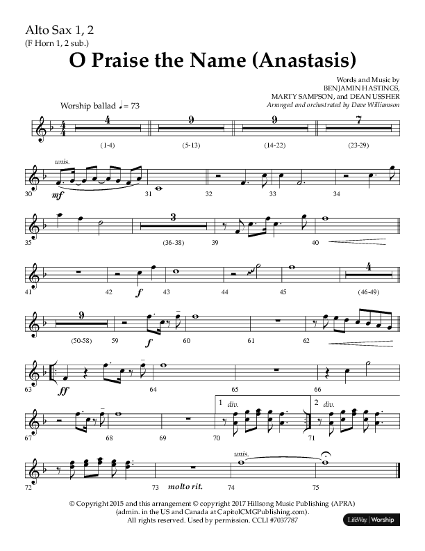 O Praise The Name (Anastasis) (Choral Anthem SATB) Alto Sax 1/2 (Lifeway Choral / Arr. Dave Williamson)