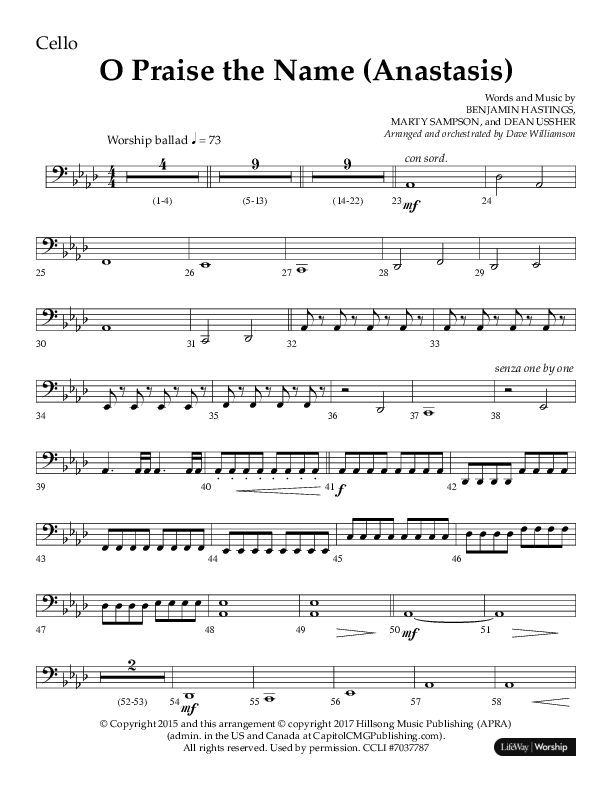 O Praise The Name (Anastasis) (Choral Anthem SATB) Cello (Lifeway Choral / Arr. Dave Williamson)