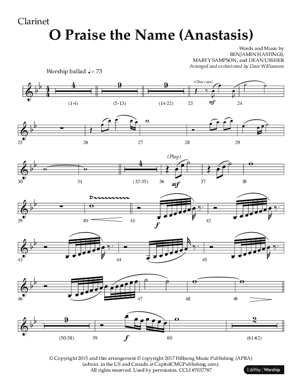 O Praise The Name (Anastasis) (Choral Anthem SATB) Clarinet 1/2 (Lifeway Choral / Arr. Dave Williamson)