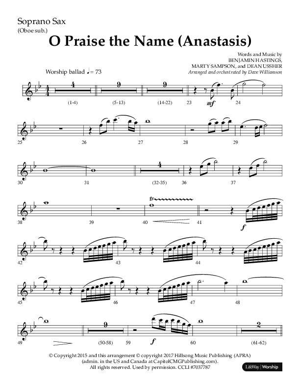 O Praise The Name (Anastasis) (Choral Anthem SATB) Soprano Sax (Lifeway Choral / Arr. Dave Williamson)