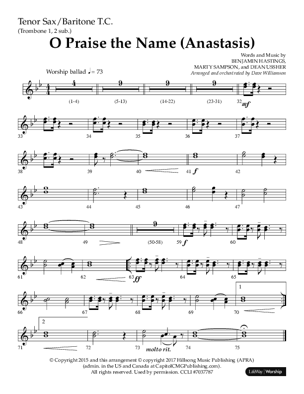 O Praise The Name (Anastasis) (Choral Anthem SATB) Tenor Sax/Baritone T.C. (Lifeway Choral / Arr. Dave Williamson)