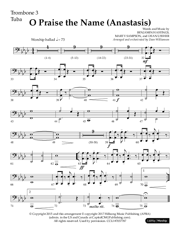 O Praise The Name (Anastasis) (Choral Anthem SATB) Trombone 3/Tuba (Lifeway Choral / Arr. Dave Williamson)