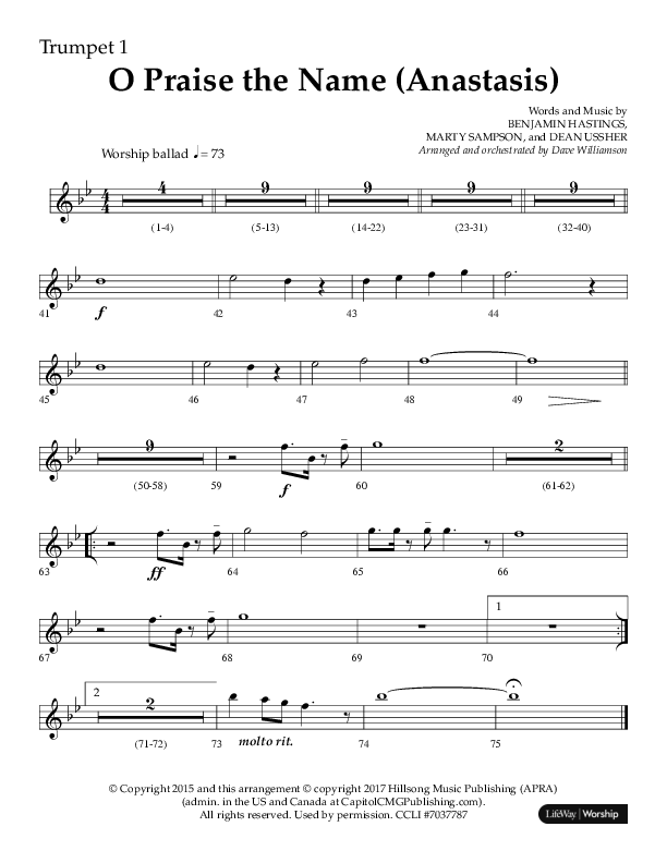 O Praise The Name (Anastasis) (Choral Anthem SATB) Trumpet 1 (Lifeway Choral / Arr. Dave Williamson)