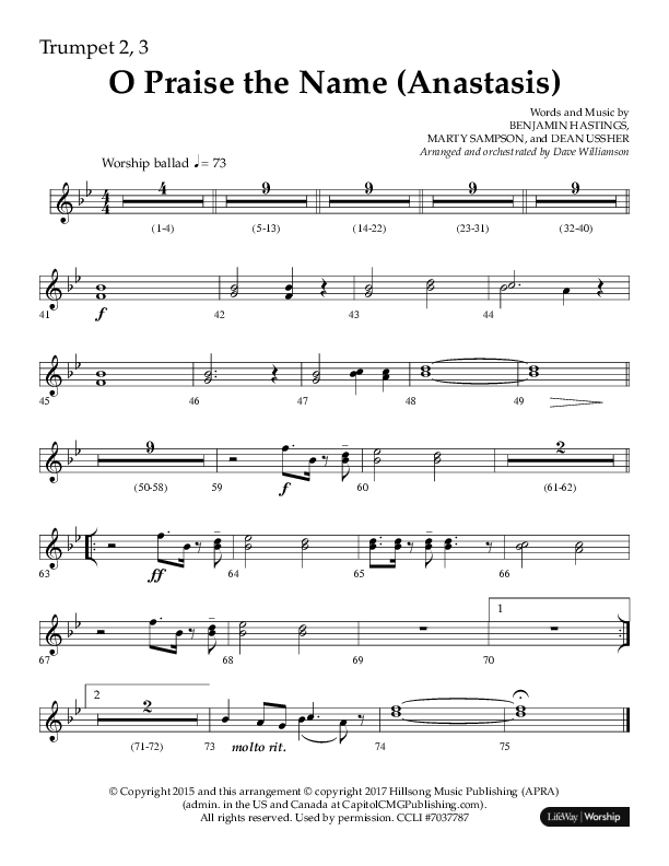 O Praise The Name (Anastasis) (Choral Anthem SATB) Trumpet 2/3 (Lifeway Choral / Arr. Dave Williamson)
