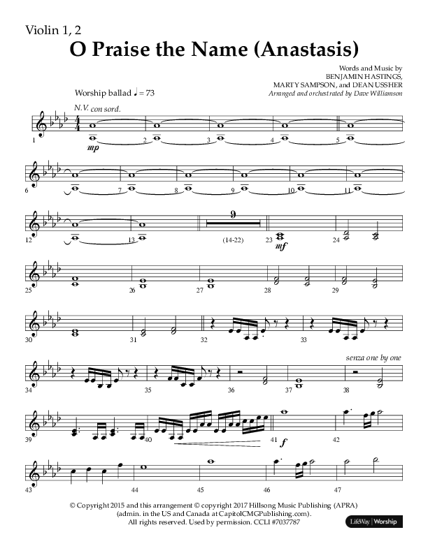 O Praise The Name (Anastasis) (Choral Anthem SATB) Violin 1/2 (Lifeway Choral / Arr. Dave Williamson)