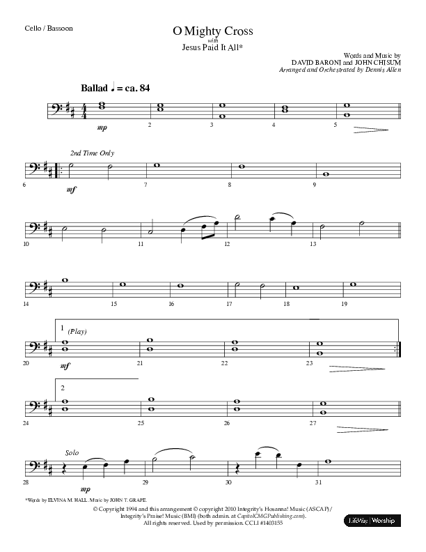 O Mighty Cross (Choral Anthem SATB) Cello (Lifeway Choral / Arr. Dennis Allen)