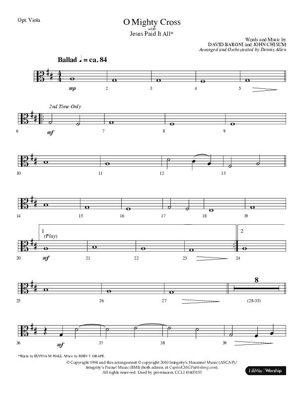 O Mighty Cross (Choral Anthem SATB) Viola (Lifeway Choral / Arr. Dennis Allen)