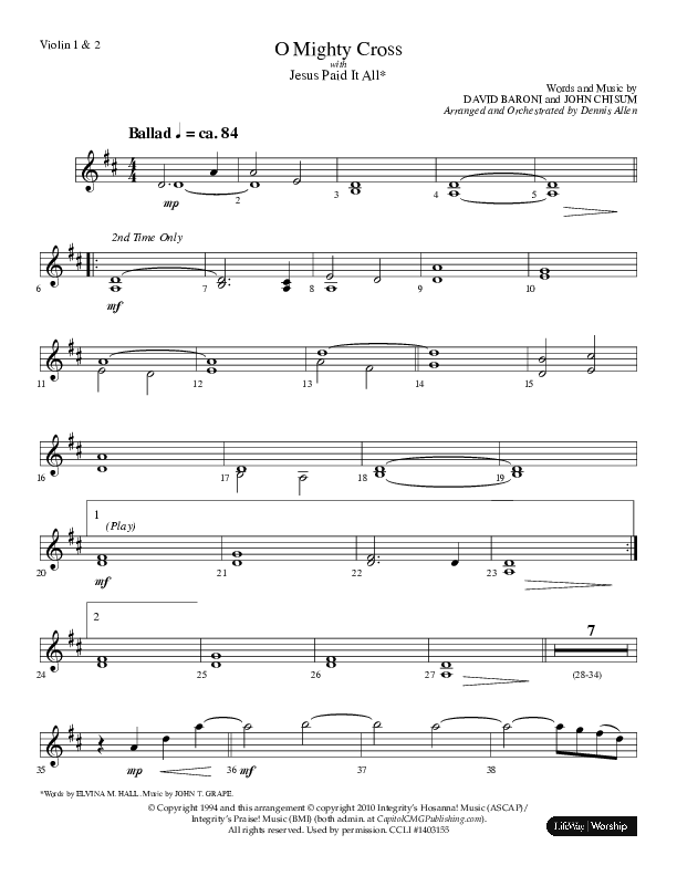 O Mighty Cross (Choral Anthem SATB) Violin 1/2 (Lifeway Choral / Arr. Dennis Allen)