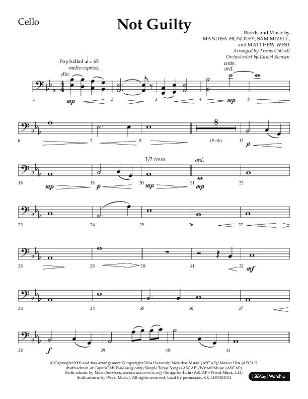 Not Guilty (Choral Anthem SATB) Cello (Lifeway Choral / Arr. Travis Cottrell)