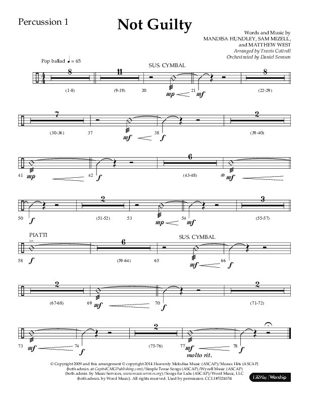 Not Guilty (Choral Anthem SATB) Percussion 1/2 (Lifeway Choral / Arr. Travis Cottrell)