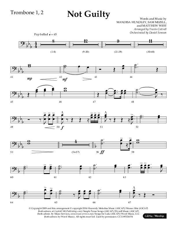 Not Guilty (Choral Anthem SATB) Trombone 1/2 (Lifeway Choral / Arr. Travis Cottrell)