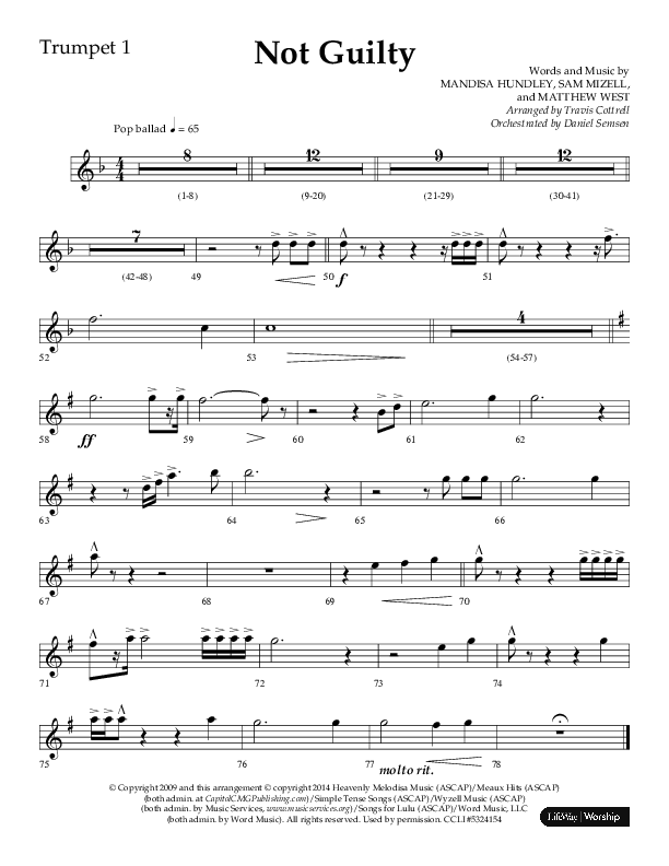 Not Guilty (Choral Anthem SATB) Trumpet 1 (Lifeway Choral / Arr. Travis Cottrell)