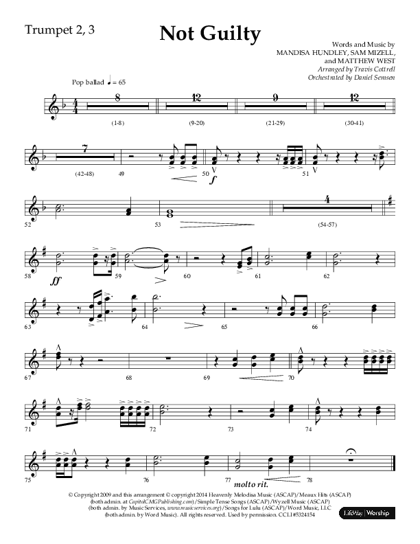 Not Guilty (Choral Anthem SATB) Trumpet 2/3 (Lifeway Choral / Arr. Travis Cottrell)