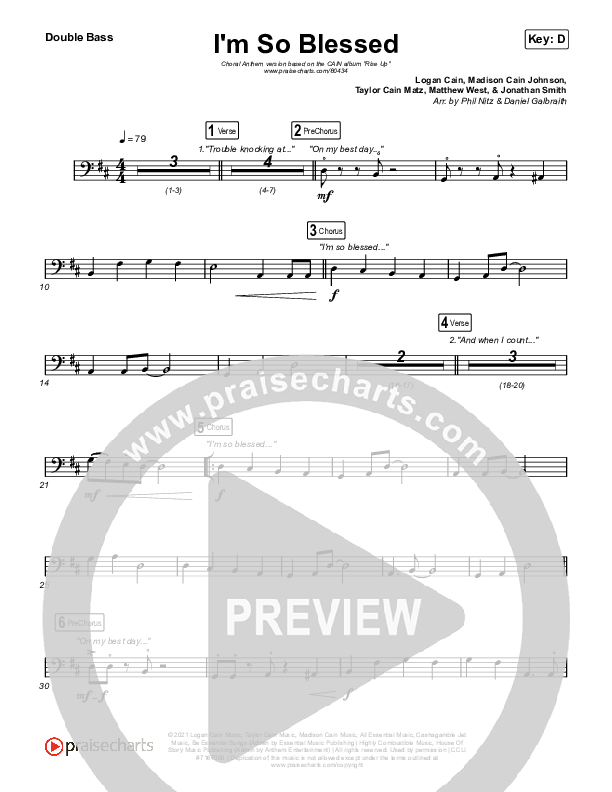 I'm So Blessed (Choral Anthem SATB) Double Bass (CAIN / Arr. Phil Nitz)
