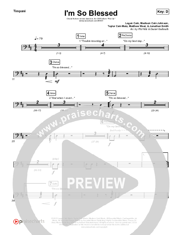 I'm So Blessed (Choral Anthem SATB) Timpani (CAIN / Arr. Phil Nitz)
