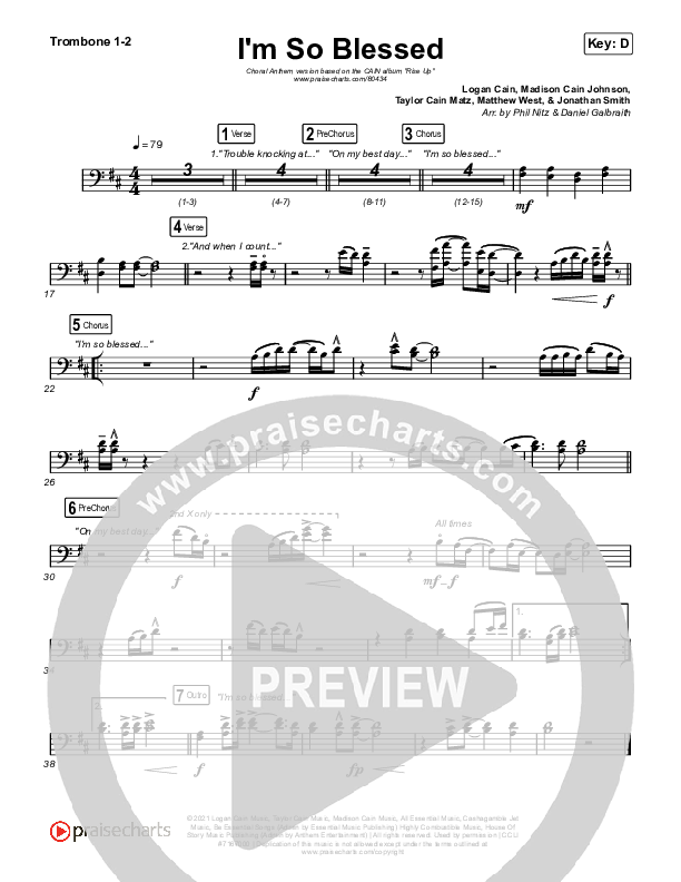 I'm So Blessed (Choral Anthem SATB) Trombone 1/2 (CAIN / Arr. Phil Nitz)