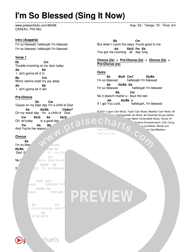 I'm So Blessed (Sing It Now) Chords & Lyrics (CAIN / Arr. Phil Nitz)