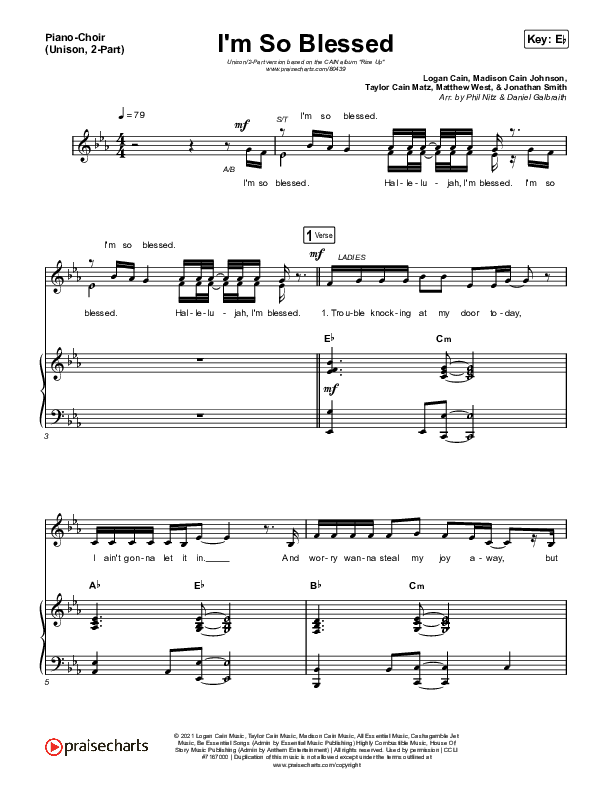 I'm So Blessed (Unison/2-Part) Piano/Choir (Uni/2-part) (CAIN / Arr. Phil Nitz)