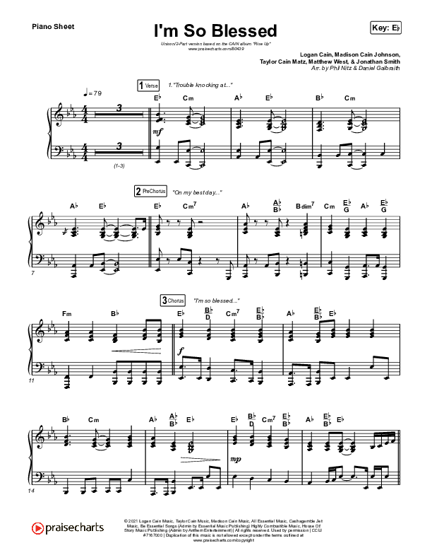 I'm So Blessed (Unison/2-Part) Piano Sheet (Print Only) (CAIN / Arr. Phil Nitz)