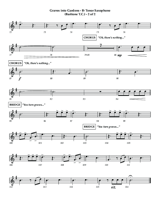 Graves Into Gardens (Choral Anthem SATB) Tenor Sax 1 (Lifeway Choral / Arr. Jared Haschek / Orch. Kyle Hill)